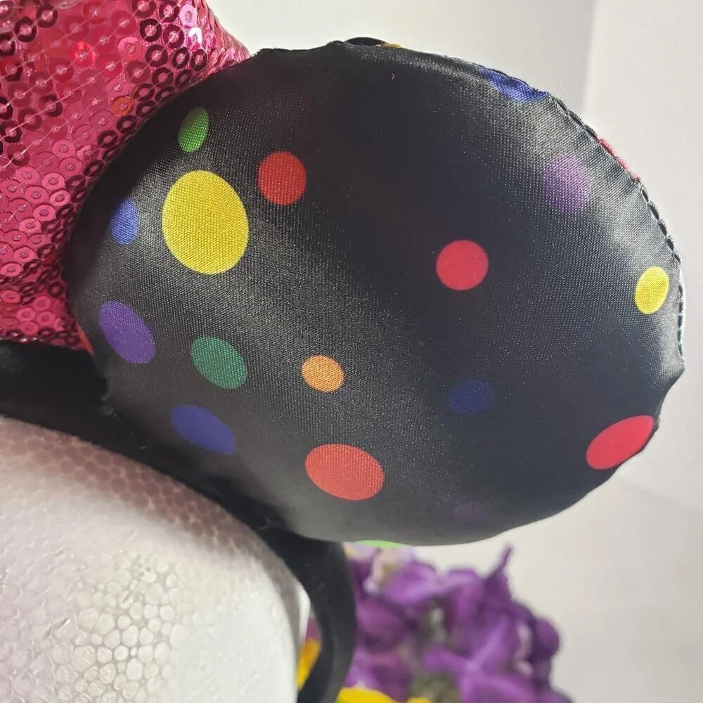 Disney Minnie Mouse Ears Headband Polka Dot Black Sequins Bow Hair Accessories